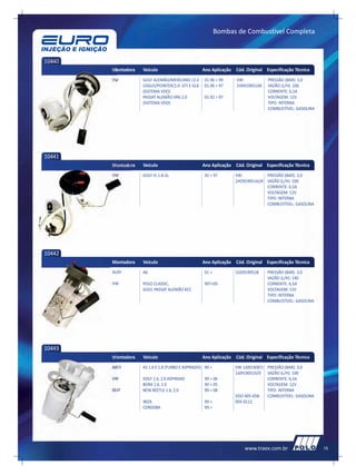 Bombas de Combustível Completa



10440
        Montadora   Veículo                       Ano Aplicação Cód. Original Especificação Técnica
        VW          GOLF ALEMÃO/MEXICANO /2.0       01.96 > 99   VW:           PRESSÃO (BAR): 3,0
                    LOGUS/POINTER/2.0 GTI E GLX     01.96 > 97   1H0919051AK   VAZÃO (L/H): 100
                    (SISTEMA VDO)                                              CORRENTE: 6,5A
                    PASSAT ALEMÃO VR6 2.0           01.92 > 97                 VOLTAGEM: 12V
                    (SISTEMA VDO)                                              TIPO: INTERNA
                                                                               COMBUSTÍVEL: GASOLINA




10441
        Montadora   Veículo                       Ano Aplicação Cód. Original Especificação Técnica
        VW          GOLF III 1.8 GL                 92 > 97      VW:           PRESSÃO (BAR): 3,0
                                                                 1HO919051AJ/K VAZÃO (L/H): 100
                                                                               CORRENTE: 6,5A
                                                                               VOLTAGEM: 12V
                                                                               TIPO: INTERNA
                                                                               COMBUSTÍVEL: GASOLINA




10442
        Montadora   Veículo                       Ano Aplicação Cód. Original Especificação Técnica
        AUDI        A6                              01 >         1GD919051B    PRESSÃO (BAR): 3,0
                                                                               VAZÃO (L/H): 140
        VW          POLO CLASSIC,                   997>05                     CORRENTE: 6,5A
                    GOLF, PASSAT ALEMÃO 6CC                                    VOLTAGEM: 12V
                                                                               TIPO: INTERNA
                                                                               COMBUSTÍVEL: GASOLINA




10443
        Montadora   Veículo                       Ano Aplicação Cód. Original Especificação Técnica
        AUDI        A3 1.6 E 1.8 (TURBO E ASPIRADO) 99 >         VW 1J0919087J PRESSÃO (BAR): 3,0
                                                                 1J09190510/D VAZÃO (L/H): 100
        VW          GOLF 1.6, 2.0 ASPIRADO          99 > 06                    CORRENTE: 6,5A
                    BORA 1.6, 2.0                   99 > 05                    VOLTAGEM: 12V
        SEAT        NEW BEETLE 1.6, 2.0             99 > 08                    TIPO: INTERNA
                                                                 VDO 405-058-  COMBUSTÍVEL: GASOLINA
                    IBIZA                           99 >         005-0112
                    CORDOBA                         99 >




                                                                     www.traex.com.br                  15
 