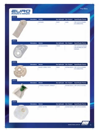 Pré filtro


10220
        Montadora   Veículo                       Ano Aplicação Cód. Original   Especificação Técnica
                    FIESTA/KA                     96>02          10220          PRÉ FILTRO DA BOMBA
                                                                                DE COMBUSTÍVEL




10221
        Montadora   Veículo                       Ano Aplicação Cód. Original   Especificação Técnica
                    SISTEMA MARWAL                TODOS                         PRÉ FILTRO SECUNDÁRIO
                                                                                USO INTERNO DO COPO
                                                                                MARWAL




10222
        Montadora   Veículo                       Ano Aplicação Cód. Original   Especificação Técnica
                    BLAZER / CORSA / CELTA        99>02          SISTEMA BOSCH PRÉ FILTRO DA BOMBA
                                                                               DE COMBUSTÍVEL




10223
        Montadora   Veículo                       Ano Aplicação Cód. Original   Especificação Técnica
                    CITROEN / PEUGEOT / RENAULT                  SISTEMA BOSCH PRÉ FILTRO DA BOMBA




10224
        Montadora   Veículo                       Ano Aplicação Cód. Original   Especificação Técnica
                    ASTRA / VECTRA                92>99          SISTEMA BOSCH PRÉ FILTRO DA BOMBA




                                                                     www.traex.com.br                   19
 
