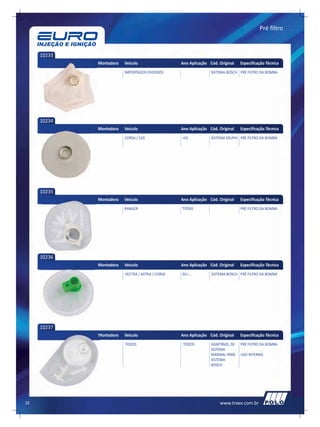 Pré filtro



     10233
             Montadora   Veículo                  Ano Aplicação Cód. Original   Especificação Técnica
                         IMPORTADOS DIVERSOS                     SISTEMA BOSCH PRÉ FILTRO DA BOMBA




     10234
             Montadora   Veículo                  Ano Aplicação Cód. Original   Especificação Técnica
                         CORSA / S10              >01            SISTEMA DELPHI PRÉ FILTRO DA BOMBA




     10235
             Montadora   Veículo                  Ano Aplicação Cód. Original   Especificação Técnica
                         RANGER                   TODAS                         PRÉ FILTRO DA BOMBA




     10236
             Montadora   Veículo                  Ano Aplicação Cód. Original   Especificação Técnica
                         VECTRA / ASTRA / CORSA   02>...         SISTEMA BOSCH PRÉ FILTRO DA BOMBA




     10237
             Montadora   Veículo                  Ano Aplicação Cód. Original   Especificação Técnica
                         TODOS                     TODOS         ADAPTÁVEL DE   PRÉ FILTRO DA BOMBA
                                                                 SISTEMA
                                                                 MARWAL PARA    USO INTERNO
                                                                 SISTEMA
                                                                 BOSCH




22                                                                   www.traex.com.br
 