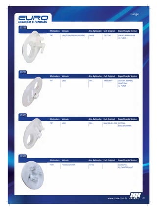 Flange



10298
        Montadora   Veículo                   Ano Aplicação Cód. Original   Especificação Técnica
        FIAT        UNO/ELBA/PREMIO/FIORINO   94>98          7.527.362      ENGATE MANGUEIRA
                                                                            10 FUROS




10299
        Montadora   Veículo                   Ano Aplicação Cód. Original   Especificação Técnica
        FIAT        UNO                       99>...         MAM-0044       SISTEMA MARWAL
                                                                            GASOLINA
                                                                            12 FUROS




10300
        Montadora   Veículo                   Ano Aplicação Cód. Original   Especificação Técnica
        FIAT        UNO                       00>...         MAM-22.061.104 SISTEMA
                                                                            BOSCH/MARWAL




10301
        Montadora   Veículo                   Ano Aplicação Cód. Original   Especificação Técnica
        FORD        FOCUS/COURIER             97>02                         GASOLINA
                                                                            C/ ENGATE RAPIDO




                                                                  www.traex.com.br                  25
 