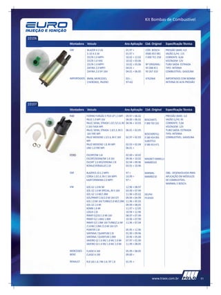 Kit Bombas de Combustível



10106
        Montadora    Veículo                                Ano Aplicação Cód. Original        Especificação Técnica
        GM           BLAZER 4.3 V6                          01.97 >         CÓD. BOSCH:        PRESSÃO (BAR): 4,0
                     S-10 4.3 V6                            01.97 >         0580 453 481       VAZÃO (L/H): 115
                     CELTA 1.0 MPFI                         10.02 > 12.02   F 000 TE1 258      CORRENTE: 8,0A
                     CELTA 1.0 VHC                          10.02 > 03.06                      VOLTAGEM: 12V
                     CELTA 1.4 MPFI                         10.02 > 03.06   Nº ORIGINAL:       TUBO SAÍDA: ESTRIADA
                     ZAFIRA 2.0 MPFI                        04.01 >         93 288 811         TIPO: INTERNA
                     ZAFIRA 2.0 SFI 16V                     04.01 > 06.05   93 267 310         COMBUSTÍVEL: GASOLINA

        IMPORTADOS BMW, MERCEDES,                           02>...          4762964            IMPORTADOS COM BOMBA
                   CHEROKEE, PAJERO                         97>02                              INTERNA DE ALTA PRESSÃO




10107
        Montadora    Veículo                                Ano Aplicação Cód. Original        Especificação Técnica
        FIAT         FIORINO FURGÃO E PICK-UP 1.5 MPI       09.97 > 06.02                      PRESSÃO (BAR): 3,0
                     PALIO 1.0 MPI 16V                      08.00 > 06.02   BOSCH(KIT):        VAZÃO (L/H): 95
                     PALIO, SIENA, STRADA 1.0/1.5/1.6, 8V   04.96 > 10.03   F 000 TE0 103      CORRENTE: 5,0A
                     E 16V FIASA MPI                                                           VOLTAGEM: 12V
                     PALIO, SIENA, STRADA 1.0/1.3, 8V E     06.01 > 02.05                      TUBO SAÍDA: ESTRIADA
                      16V FIRE MPI                                          BOSCH(REFIL):      TIPO: INTERNA
                     PALIO WEEKEND 1.5/1.6, 8V E 16V        02.97 > 02.03   0 580 454 093      COMBUSTÍVEL: GASOLINA
                     MPI                                                    SUBSTITUI:
                     PALIO WEEKEND 1.8, 8V MPI              02.03 > 02.04   0 580 453 471
                     UNO 1.0 FIRE MPI                       06.01 >

        FORD         ESCORT/SW 1.6I                         02.00 > 10.02
                     ESCORT/SEDAN/SW 1.8 16V                09.96 > 10.02   MAGNETI MARELLI:
                     ESCORT 2.0 XR3/VERONA 2.0I             02.94 > 09.96   MAM00103
                     ROYALE/VERSAILLES 2.0I                 03.91 > 10.96

        GM           BLAZER/S-10 2.2 MPFI                   97 >            MARWAL:            OBS.: DESENVOLVIDA PARA
                     CORSA 1.0/1.6, 8V E 16V MPFI           10.99 >         MAM00210           APLICAÇÃO EM MÓDULOS
                     KADET/IPANEMA 2.0 MPFI                 97 >                               DE COMBUSTÍVEL
                                                                                               MARWAL E BOSCH.
        VW           GOL G2 1.0 8V MI                       12.96 > 08.97
                     GOL G2 1.0 MI SPECIAL, 8V E 16V        03.99 > 07.99
                     GOL G2 1.6 MI/1.8MI                    11.96 > 05.02   DELPHI:
                     GOL/PARATI 2.0I/2.0 MI 16V GTI         09.94 > 04.99   FE10103
                     GOL 1.0 MI 16V TURBO/1.8 MI/2.0MI      11.96 > 05.03
                     GOL G3 1.6 MI                          09.99 > 08.05
                     KOMBI 1.6 MI                           11.97 > 12.05
                     LOGUS 2.0I                             10.94 > 12.96
                     PARATI G2/G3 1.0 MI 16V                08.97 > 07.99
                     PARATI G2 1.6MI/ 1.8MI                 10.96 > 07.99
                     PARATI G3 1.0MI 16V TURBO/1.6 MI       11.96 > 07.04
                     /1.8 MI/ 2.0MI /2.0 MI 16V GTI
                     POINTER 2.0I                           05.95 > 12.96
                     SANTANA / QUANTUM 2.0I                 01.90 > 09.96
                     SANTANA / QUANTUM 2.0MI                10.96 > 05.06
                     SAVEIRO G2 1.6 MI/ 1.8 MI/ 2.0 MI      07.97 > 01.00
                     SAVEIRO G3 1.6 MI/ 1.8 MI/ 2.0 MI      11.99 > 08.05

        MERCEDES -   CLASSE A 160                           05.99 > 08.05
        BENZ         CLASSE A 190                           09.00 >

        RENAULT      R19 16S 1.8 / RN 1.8 / RT 1.8          01.95 >




                                                                                  www.traex.com.br                       01
 