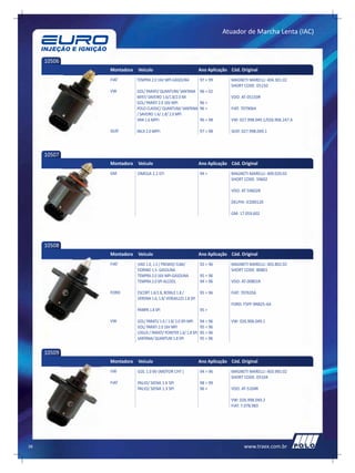 Atuador de Marcha Lenta (IAC)



     10506
             Montadora   Veículo                                Ano Aplicação Cód. Original
             FIAT        TEMPRA 2.0 16V MPI-GASOLINA            97 > 99       MAGNETI MARELLI: 404.301.02
                                                                              SHORT CODE: D5150
             VW          GOL/ PARATI/ QUANTUM/ SANTANA          96 > 02
                         MI97/ SAVEIRO 1.6/1.8/2.0 MI                         VDO: AT-05150R
                         GOL/ PARATI 2.0 16V MPI                96 >
                         POLO CLASSIC/ QUANTUM/ SANTANA         96 >          FIAT: 7079064
                         / SAVEIRO 1.6/ 1.8/ 2.0 MPI
                         VAN 1.6 MPFI                           96 > 98       VW: 027.998.049.1/026.906.247.A

             SEAT        INCA 2.0 MPFI                          97 > 98       SEAT: 027.998.049.1




     10507
             Montadora   Veículo                                Ano Aplicação Cód. Original
             GM          OMEGA 2.2 EFI                          94 >          MAGNETI MARELLI: 400.020.02
                                                                              SHORT CODE: 59602

                                                                              VDO: AT-59602R

                                                                              DELPHI: ICD00120

                                                                              GM: 17.059.602




     10508
             Montadora   Veículo                                Ano Aplicação Cód. Original
             FIAT        UNO 1.0, 1.5 / PREMIO/ ELBA/           92 > 96       MAGNETI MARELLI: 403.802.02
                         FIORINO 1.5- GASOLINA                                SHORT CODE: B0801
                         TEMPRA 2.0 16V MPI-GASOLINA            95 > 96
                         TEMPRA 2.0 SPI ALCOOL                  94 > 96       VDO: AT-00801R

             FORD        ESCORT 1.6/1.8, ROYALE 1.8 /        95 > 96          FIAT: 7076356
                         VERONA 1.6, 1.8/ VERSAILLES 1.8 SPI
                                                                              FORD: F5PF-9N825-AA
                         PAMPA 1.8 SPI                          95 >

             VW          GOL/ PARATI/ 1.6 / 1.8/ 2.0 SPI-MPI    94 > 96       VW: 026.906.049.1
                         GOL/ PARATI 2.0 16V MPI                95 > 96
                         LOGUS / PARATI/ POINTER 1.6/ 1.8 SPI   95 > 96
                         SANTANA/ QUANTUM 1.8 SPI               95 > 96


     10509
             Montadora   Veículo                                Ano Aplicação Cód. Original
             VW          GOL 1.0 8V (MOTOR CHT )                94 > 96       MAGNETI MARELLI: 403.965.02
                                                                              SHORT CODE: D5104
             FIAT        PALIO/ SIENA 1.6 SPI                   98 > 99
                         PALIO/ SIENA 1.3 SPI                   96 >          VDO: AT-5104R

                                                                              VW: 026.998.049.2
                                                                              FIAT: 7.078.983




38                                                                                  www.traex.com.br
 