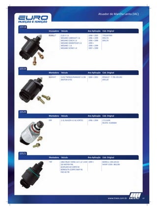 Atuador de Marcha Lenta (IAC)



10518
        Montadora   Veículo                           Ano Aplicação Cód. Original
        RENAULT     CLIO II 1.6                        1998 > 2005     7701047909
                    MEGANE CABRIOLET 1.6               1996 > 1999     D95174
                    MEGANE COACH 1.6                   1996 > 1999     D95174
                    MEGANE GRANDTOUR 1.6               1999 >
                    MEGANE I 1.6                       1996 > 1999
                    MEGANE SCENIC 1.6                  1997 > 1999




10519
        Montadora   Veículo                           Ano Aplicação Cód. Original
        RENAULT     CLIO/ TWINGO/KANGOO 1.0 8V         2000 > 2001     RENAULT : 7.700.105.042
                    (MOTOR D7D)                                        D95129




10520
        Montadora   Veículo                           Ano Aplicação Cód. Original
        GM          S-10, BLAZER 4.3 V6 VORTEC         1996 > 2004     17113209
                                                                       DELPHI: ICD00004




10521
        Montadora   Veículo                           Ano Aplicação Cód. Original
        FIAT        UNO/ PALIO / SIENA 1.0/ 1.3/ 1.4 8V 1999 >         MARELLI: 404.429.02
                    16V MOTOR FIRE                                     SHORT CODE: IB01/00
                    ACOPLADO AO CORPO DE
                    BORBOLETA (CORPO SNAP IN)
                    FIXO AO TBI




                                                                             www.traex.com.br        41
 