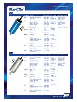 Kit Bombas de Combustível



10111
        Montadora   Veículo                      Ano Aplicação Cód. Original      Especificação Técnica
        BMW         325I SÉRIE 518/520/525/535   09.85 > 08.87    BOSCH:          PRESSÃO (BAR): 3,0
                    325I CABRIO                  09.85 > 08.87    0 580 464 070   VAZÃO (L/H): 130
                                                                  0 580 463 018   CORRENTE: 6,5A
        GM          IPANEMA 1.8 / 2.0 EFI        03.91 > 12.97    SUBSTITUI:      VOLTAGEM: 12V
                    KADET 1.8 /2.0 EFI           03.91 > 12.97    0 580 453 911   TUBO SAÍDA: LISO
                    MONZA 1.8 / 2.0 EFI          03.91 > 12.95    0 580 464 065   CONÉC. ELÉTRICO:
                    MONZA 2.0 MPFI               11.89 > 05.91                    PARAFUSO
                    CALIBRA 2.0 16V              10.93 > 03.95                    TIPO: EXTERNA
                    ÔMEGA 2.0 GLS                10.93 >          GM:             COMBUSTÍVEL: GASOLINA
                                                                  06 443 402
        PEUGEOT     306 1.8I 16V                 12.97 >          52 251 521
                    405 1.8I                     07.87 > 04.97    93 211 698
                    405 2.0I                     06.92 > 04.97

        RENAULT     TRAFIC 2.0                   06.99 > 12.02    PEUGEOT:
                                                                  91 538 806
        FIAT        ELBA 1.6 MPI                 07.94 > 10.94
                    TEMPRA 2.0 MPI 16V           09.93 > 08.94    RENALT:
                    TEMPRA TURBO 2.0 MPI 8V      11.94 > 05.98    77 02 087 279
                    UNO 1.4 MPI TURBO            03.94 > 12.95
                    UNO 1.6 MPI                  10.94 > 12.95    FIAT:
                    UNO 1.6 R MPI                05.93 > 09.94    7685245

        VW          GOL GTI                      11.88 > 08.94    VW:
                    QUANTUM/SANTANA 2.0I 2000    01.90 > 08.93    305 906 091 1
                    SAVEIRO 1.6 MI               11.96 > 10.97

        FORD        ROYALE, VERSAILLES 1.8/2.0   ATÉ... > 11.93
                    MONOPONTO
10112
        Montadora   Veículo                      Ano Aplicação Cód. Original      Especificação Técnica
        BMW         325I SÉRIE 518/520/525/535   09.85 > 08.87    BOSCH:          PRESSÃO (BAR): 3,0
                    325I CABRIO                  09.85 > 08.87    0 580 464 070   VAZÃO (L/H): 155
                                                                  0 580 463 018   CORRENTE: 6,5A
        GM          IPANEMA 1.8 / 2.0 EFI        03.91 > 12.97    SUBSTITUI:      VOLTAGEM: 12V
                    KADET 1.8 /2.0 EFI           03.91 > 12.97    0 580 453 911   TUBO SAÍDA: LISO
                    MONZA 1.8 / 2.0 EFI          03.91 > 12.95    0 580 464 065   CONÉC. ELÉTRICO:
                    MONZA 2.0 MPFI               11.89 > 05.91                    PARAFUSO
                    CALIBRA 2.0 16V              10.93 > 03.95    GM:             TIPO: EXTERNA
                    ÔMEGA 2.0 GLS                10.93 >          06 443 402      COMBUSTÍVEL: GASOLINA
                                                                  52 251 521
        PEUGEOT     306 1.8I 16V                 12.97 >          93 211 698
                    405 1.8I                     07.87 > 04.97
                    405 2.0I                     06.92 > 04.97    PEUGEOT:
                                                                  91 538 806
        RENAULT     TRAFIC 2.0                   06.99 > 12.02
                                                                  RENALT:
        FIAT        ELBA 1.6 MPI                 07.94 > 10.94    77 02 087 279
                    TEMPRA 2.0 MPI 16V           09.93 > 08.94
                    TEMPRA TURBO 2.0 MPI 8V      11.94 > 05.98    FIAT:
                    UNO 1.4 MPI TURBO            03.94 > 12.95    7685245
                    UNO 1.6 MPI                  10.94 > 12.95
                    UNO 1.6 R MPI                05.93 > 09.94    VW:
                                                                  305 906 091 1
        VW          GOL GTI                      11.88 > 08.94
                    QUANTUM/SANTANA 2.0I 2000    01.90 > 08.93
                    SAVEIRO 1.6 MI               11.96 > 10.97

        FORD        ROYALE, VERSAILLES 1.8/2.0   ATÉ... > 11.93
                    MONOPONTO



                                                                       www.traex.com.br                   03
 