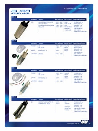 Kit Bombas de Combustível



10115
        Montadora   Veículo                          Ano Aplicação Cód. Original     Especificação Técnica
        AUDI        A6 1.8, 1.8 QUATTRO (4A/C4)      12.95 > 02.97   BOSCH:          PRESSÃO (BAR): 4,0
                    A6 2.0/2.6 (4ª/C4)               06.94 > 02.97   0 580 453 081   VAZÃO (L/H): 115
                    COUPÉ 2.0/2.2/2.3/2.6/2.8/2.8L   11.88 > 12.96   AUDI:           CORRENTE: 8,3A
                    V8 3.6/4.2L                      10.88 > 02.94   8A0 906 091GA   VOLTAGEM: 12V
                                                                     PIERBURG:       TUBO SAÍDA: LISA
                                                                     7.18259.50.0    TIPO: INTERNA
                                                                                     COMBUSTÍVEL: GASOLINA




10116
        Montadora   Veículo                          Ano Aplicação Cód. Original     Especificação Técnica
        PEUGEOT     406                              09.95 > 12.99   WALBRO:         PRESSÃO (BAR): 3,5
                    206 1.6 16V                      12.00 >         ERJ197          VAZÃO (L/H): 90
                                                                     ERJ240          CORRENTE: 8,3A
        RENAULT     ESPACE 2.0L/3.0L                 01.97 >         ERJ241          VOLTAGEM: 12V
                                                                                     TUBO SAÍDA: LISA
        LAND ROVER 200/400                           04.96 > 11.00                   TIPO: INTERNA
                                                                                     COMBUSTÍVEL: GASOLINA




10117
        Montadora   Veículo                          Ano Aplicação Cód. Original     Especificação Técnica
        PEUGEOT     406                              09.95 > 12.99   WALBRO:         PRESSÃO (BAR): 3,5
                    206 1.6 16V                      12.00 >         ERJ197          VAZÃO (L/H): 90
                                                                     ERJ240          CORRENTE: 8,3A
        RENAULT     ESPACE 2.0L/3.0L                 01.97 >         ERJ241          VOLTAGEM: 12V
                                                                                     TUBO SAÍDA: LISA
        LAND ROVER 200/400                           04.96 > 11.00                   TIPO: INTERNA
                                                                                     COMBUSTÍVEL: GASOLINA




10118
        Montadora   Veículo                          Ano Aplicação Cód. Original     Especificação Técnica
        GM          CORSA MPFI, SEDAN, PICK-UP        10.94 >        GM:             PRESSÃO (BAR): 3,0
                    ASTRA, VECTRA, ZAFIRA             01.96 >        25355031        VAZÃO (L/H): 110
                                                                                     CORRENTE: 5,8A
                                                                     DELPHI (KIT     VOLTAGEM: 12V
                                                                     REPOSIÇÃO):     TUBO SAÍDA: ESTRIADA
                                                                     FH10032         TIPO: INTERNA
                                                                                     COMBUSTÍVEL: GASOLINA




                                                                         www.traex.com.br                    05
 