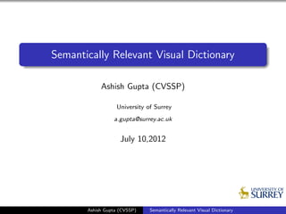 Semantically Relevant Visual Dictionary
Ashish Gupta (CVSSP)
University of Surrey
a.gupta@surrey.ac.uk
July 10,2012
Ashish Gupta (CVSSP) Semantically Relevant Visual Dictionary
 