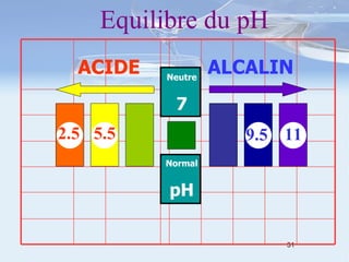 Equilibre du pH ALCALIN ACIDE Neutre 7 Normal pH 2.5 11 9.5 5.5 