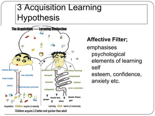 3.Acquisition Learning HypothesisAffective Filter;emphasises psychological elements of learning self esteem, confidence, anxiety etc.