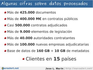 Algunas cifras sobre datos procesados

  Más de 425.000 documentos
  Más de 400.000 M€ en contratos públicos
  Casi 500.00...