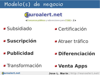 Modelo(s) de negocio




Subsidiado        Certificación

Suscripción       Atraer tráfico

Publicidad        Diferenciaci...