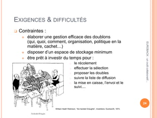 EXIGENCES & DIFFICULTÉS
 Contraintes :
 élaborer une gestion efficace des doublons
(qui, quoi, comment, organisation, politique en la
matière, cachet…)
 disposer d’un espace de stockage minimum
 être prêt à investir du temps pour :
o le récolement
o effectuer la sélection
o proposer les doubles
o suivre la liste de diffusion
o la mise en caisse, l’envoi et le
suivi....
24
EUROBACK:unoutilcollaboratif...
William Heath Robinson, “Six-handed Draughts”, Inventions. Duckworth, 1973.
 