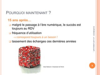 POURQUOI MAINTENANT ?
15 ans après…
 malgré le passage à l’ère numérique, le succès est
toujours au RDV
 fréquence d’utilisation
correspond toujours à un besoin !
 tassement des échanges ces dernières années
8
EUROBACK:unoutilcollaboratif...
César Baldaccini, Compression de Ferrari
 