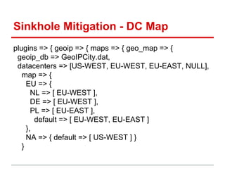 Sinkhole Mitigation - DC Map
plugins => { geoip => { maps => { geo_map => {
geoip_db => GeoIPCity.dat,
datacenters => [US-WEST, EU-WEST, EU-EAST, NULL],
map => {
EU => {
NL => [ EU-WEST ],
DE => [ EU-WEST ],
PL => [ EU-EAST ],
default => [ EU-WEST, EU-EAST ]
},
NA => { default => [ US-WEST ] }
}
 