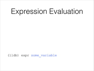 Expression Evaluation
 
 
 
 
 
 
 
 
 
(lldb) expr some_variable 
 