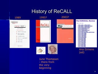 History of ReCALLHistory of ReCALL
88
June Thompson
- there from
the very
beginning
1989 1995? 2003?
Ana Gimeno
(ed)
 