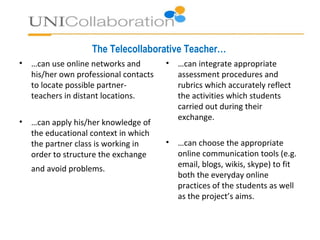 The Telecollaborative Teacher…
• …can integrate appropriate
assessment procedures and
rubrics which accurately reflect
the activities which students
carried out during their
exchange.
• …can choose the appropriate
online communication tools (e.g.
email, blogs, wikis, skype) to fit
both the everyday online
practices of the students as well
as the project’s aims.
• …can use online networks and
his/her own professional contacts
to locate possible partner-
teachers in distant locations.
• …can apply his/her knowledge of
the educational context in which
the partner class is working in
order to structure the exchange
and avoid problems.
 