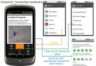 miLexicon: connecting vocabularyShareLook up on favourite sitesScroll for self-assessment prompts & item history 