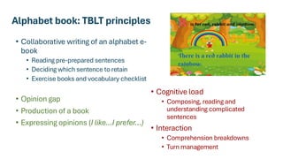 Alphabet book: TBLT principles
• Collaborative writing of an alphabet e-
book
• Reading pre-prepared sentences
• Deciding which sentence to retain
• Exercise books and vocabulary checklist
• Opinion gap
• Production of a book
• Expressing opinions (I like…I prefer…)
• Cognitive load
• Composing, reading and
understanding complicated
sentences
• Interaction
• Comprehension breakdowns
• Turn management
 