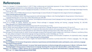 References
Austin, N., Hampel, R., & Kukulska-Hulme, A. (2017) 'Video conferencing and multimodal expression of voice: Children's conversations using Skype for
second language development in a telecollaborative setting', System, 64, pp. 87-103.
Breen, M. (1989) ‘The evaluation cycle for language learning tasks’, in Johnson, R. K. (ed.) The second language curriculum. Cambridge: Cambridge University
Press, pp. 187–206.
Calvez et al. (2022). GTnum RAVEL (Ressources pour l'Apprentissage en classe Virtuelle et l'Enseignement des Langues) Scénarios pédagogiques.
[https://zenodo.org/record/7441186]
Cutrim Schmid, E. & Whyte, S. (2015)‘Teachingyoung learners with technology’, in Bland, J. (ed.) Teaching English to Young Learners: Critical Issues in
Language Teaching with 3-12 year olds. London: Bloomsbury, pp. 239-260.
Dooly, M. & Sadler, R. (2016) ‘Becoming little scientists: Technologically-enhanced project-based language learning’, Language Learning & Technology, 20(1),
pp. 54-78. https://dx.doi.org/10125/44446
Dooly, M. & Vinagre, M. (2022). Research into practice: Virtual exchange in language teaching and learning. Language Teaching, 55, 392–406.
https://doi.org/10.1017/S0261444821000069
Ellis, R. (2006)‘The methodologyof task-based teaching’, Asian EFLJournal, 8(3), pp. 19-45.
Ellis, R. (2020)‘Task-based language teaching for beginner-level young learners’, Language Teaching for Young Learners, 2(1), pp. 4–27.
Mont, M. & Masats, D. (2018) ‘Tips and suggestions to implement telecollaborative projects with young learners’, in Dooly, M. and O'Dowd, R. (eds.) In this
together: teachers’experiences with transnational, telecollaborative language learning projects. Bern: Peter Lang, pp. 93-122.
Pennock-Speck, B. & Clavel-Arroitia, B. (2023) ‘Virtual exchanges among primary-education pupils: Insights into a new arena’, in Potolia, A. and Derivry-Plard,
M. (eds.) Virtual exchange for intercultural language learning and teaching. London: Routledge, pp. 115-132.
Reader, S. (2024) ‘Asynchronous virtual exchange and young English learners’ intercultural communicative competence: An exploratory study’, Language
Teaching for Young Learners, 2, pp. 220–242. https://doi.org/10.1075/ltyl.00054
Whyte, S., Wigham, C. R., & Younès, N. (2022). Insights into teacher beliefs and practice in primary-school EFL in France. Languages, 7(3), 185. [hal-
03788664]
Whyte, S. & Wigham, C.R. (in press) Young learner autonomy in synchronous oral telecollaborative tasks: participants, arena, and turns, Language
Teaching for Young Learners.
Whyte, S., Wigham, C.R. &Cutrim Schmid, E. (in press) Task-based interaction in virtual exchange withyoung learners. In Bland, J. & Mourãu, S.(ed.)
Teaching English to Young Learners: Critical Issues in Language Teaching with 3-12 year olds. Second edition. London: Bloomsbury
Wigham, C. R. & Whyte, S. (2024) ‘Teacher role in synchronous oral interaction: Young learner telecollaboration’, Language Learning & Technology,
28(1), pp. 1–27. https://hdl.handle.net/10125/73599
 