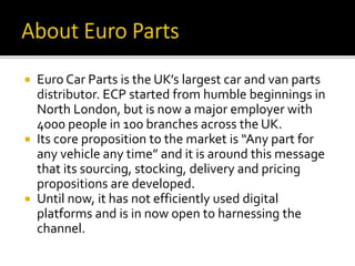  Euro Car Parts is the UK’s largest car and van parts
distributor. ECP started from humble beginnings in
North London, but is now a major employer with
4000 people in 100 branches across the UK.
 Its core proposition to the market is “Any part for
any vehicle any time” and it is around this message
that its sourcing, stocking, delivery and pricing
propositions are developed.
 Until now, it has not efficiently used digital
platforms and is in now open to harnessing the
channel.
 