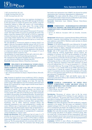 2 RVT, Overland Park, KS, USA                                                     had similar total repermeation rates (III&IV), but showed less partial
3 RDMS, Overland Park, KS, USA                                                    repermeation	rates,	ecchymoses,	pigmentations	or	inflammation.
4 ORT, Overland Park, KS, USA                                                     Conclusion:	This	study	confirms	the	efficacy	of	ELT	in	treatment	of	
                                                                                  SVI. Subsequent studies remain necessary to determine its place among
This presentation analyzes the three year experience developed in a               continuously developing endoluminal techniques.
private practice of Phlebology, from 05/01/2007 thrrough 04/30/2010.              Keywords: Endovenous Laser Ablation, Varicose Veins,Venous
In	 that	 time	 period	 we	 treated	 359	 patients	 (83%	 female),	 using	 857	   Insuffisency
ClosureFast catheters to ablate 886 vessels (1.03 vessels/catheter),
using radiofrequency for our energy source. The average number                     OC4-4     eNdOVeNOUS radiOFreQUeNCy-pOWered
of ClosureFast catheters used was 2.39 catheters per patient. We                  SeGmeNtaL tHermaL abLatiON (rSta) OF tHe Great
experienced no ClosureFast catheter failures.                                     SapHeNOUS VeiN: 2-year eUrOpeaN FOLLOW-Up
The treatment of these 886 vessels required 934 accesses (1.05 accesses/          O. PICHOT1
vessel). This larger number of accesses was primarilly the result of the          1 Service de Médecine Vasculaire CHU de Grenoble, Grenoble,
failure of previous treatment (EVA with RF or EVLT) or segmental                    France
occlusion from previous episodes of idiopathic thrombophlebitis.The
vessel being treated required only one access in 804 interventions.               Background: Radiofrequency segmental thermal ablation (RSTA) has
Fifty six (56) vessels required two (2) assesses and on six vessels, three        become a commonly used technology for occlusion of incompetent
accesses were utilized.                                                           great saphenous veins (GSVs). Mid-term results and data on clinical
We used 489,680 cc of tumescent analgesia in treating 45,652.2 cm                 parameters are still lacking.
(approx	1500	yd)	of	incompetent	refluxing	varicose	vein	(10.73	cc/cm	             methods: N=295 RSTA-treated GSVs were followed for 24 months
of vein). The treatment time required was 30,258 min (504.3 hrs), as              in	a	prospective	multicenter	trial.	Clinical	control	visits	included	flow	
measured from the initial injection of local anesthesia to the closing of         and	 reflux	 analysis	 by	 duplex-	 ultrasound	 and	 assessment	 of	 clinical	
the access site(s). The time required for the application of the dressing         parameters according to CEAP and VCSS.
or compression garment was not included. We averaged 1.51 cm of                   results:	 280	 of	 295	 treated	 GSVs	 (94.9%)	 were	 available	 for	 24	
vein treated per minute of operative time.                                        months follow-up. Utilizing Kaplan-Meier survival analysis, the
The distribution of vessels treated was GSV (467), SSV (215), SSV +               probability	 of	 occlusion	 was	 94.5%	 and	 the	 probability	 of	 no	 reflux	
GIA	(99),	AASV	(88),	GIA	(9)	and	refluxing	branches	(8).                          was	97.2%	at	24	months	after	the	intervention.	In	addition,	98.6%	of	
We evaluated all of the patients throughout the three year period, and            legs	remained	free	of	clinically	relevant	axial	reflux	at	24	months	post-
our	series	showed	an	ablation	rate	of	greater	than	99%.                           procedure. If occlusion was present at 12 months follow-up, the risk
Keywords: Endovenous Ablation, ClosureFast, Intervention                          of	developing	new	flow	or	reflux	until	24	months	follow-up	was	3.7%	
                                                                                  and	 2.9%,	 respectively.	 Diameters	 of	 the	 GSV	 measured	 3	 cm	 distal	
 OC4-3      treatmeNt OF SUperFiCiaL VeNOUS iNSUF-                                to the SFJ reduced from 5.6 ± 2.1 mm at screening to 2.1 ± 0.9 mm
FiCieNCy by eNdOVeNOUS LaSer tHerapy: LeSSONS                                     at 24-months follow-up. The average VCSS score improved from 3.9
FrOm a perSONaL triaL ON 1000 CaSeS                                               ± 2.1 to 0.8 ± 1.5 at 3 months follow-up (p<0.0001) and stayed at an
P. SARRADON1, E. SLOTEMA2                                                         average below 0.7 during the complete 24 months follow-up. While
1 Polyclinique les Fleurs, Toulon, France                                         only	41.1%	of	patients	were	free	of	pain	before	treatment,	at	24	months	
2 Dpt. of General and Endocrine Surgery, Hôpital la Timone, Marseille,            99.3%	(n=278)	reported	no	pain	and	96.4%	(n=270)	did	not	experience	
   France                                                                         pain during the 12 months before.
                                                                                  Conclusion: RSTA showed a high and durable success rate in
aim:	Treatment	of	superficial	venous	insufficiency	(SVI)	is	changing	             conjunction	with	clinical	efficacy	and	a	moderate	side-effect	profile.
rapidly in the last decade due to innovations in endoluminal technology,          Keywords: Radiofrequency
rendering aggressive surgical stripping out of date. We report the
results a trial of 1002 saphenous axes (SA) treated by endovenous laser            OC4-5     CLiNiCaL COmpariSON OF tHiGH ONLy
therapy (ELT) performed by a single surgeon and the lessons learnt to             VerSUS eNdOVeNOUS LaSer abLatiON (eVLa) iN
improve the technique.                                                            Great SapHeNOUS VeiN iNSUFFiCieNCy treatmeNt
method:	From	November	2002	to	May	2009,	1002	SA	(84.8%	great	                     R. KIKUCHI1, E. ARCENIO2, C.M. OBA1
saphenous	 vein	 (GSV),	 15.2%	 small	 saphenous	 vein	 (SSV))	 were	             1 Clinica Miyake, Sao Paulo, Brazil
treated by ELT, using a 980nm diode laser on 745 patients (mean age               2 EVAS, Londrina, Brazil
53	years;	female	78%,	male	22%).	In	the	first	year	(n=124)	crossectomy	
was added to the procedure, but abandoned thereafter. The pulsed laser            introduction: Recurrence of varicose veins in the leg occurs
emission evolved in the third year to continuous laser emission with 1            frequently after standard EVLA technique for great saphenous vein
to	2	millimeters	per	second	retraction	of	the	fiber.	Phlebectomies	were	          (GSV)	insufficiency.	The	present	study	aims	to	compare	efficacy	and	
performed after the procedure if necessary. Perivenous tumescence                 side	effects	of	treating	GSV	insufficiency	with	EVLA	in	the	thigh	only	
was carried out using a solution of xylocaine 20ml, naropène 20ml-                and EVLA extended to the middle leg.
bicarbonate	 1.4%	 in	 250ml.	 Follow-up	 contained	 clinical	 and	               methods:	Forty	limbs	(20	patients)	with	GSV	insufficiency,	randomly	
ultrasound examination at one week postoperatively, 6 months and                  separated	 in	 two	 groups.	 The	 first	 group	 was	 submitted	 to	 EVLA	
yearly.	 Different	 type	 of	 repermeations	 were	 classified	 according	 to	     standard technique (S-EVLA), and the other group was submitted to
anatomical stage and clinical grade (clinical stage of repermeation: I=           EVLA	extended	from	the	thigh	to	the	middle	leg	(E-EVLA).	Efficacy,	
piecemeal	II=	long	III=	total	without	dilation	or	reflux	IV=	total	with	          symptoms and side effects were assessed after 1, 4 and 8 weeks.
dilation	and	reflux;	clinical	grades:	A=	asymptomatic	B=	symptomatic	             results: One week after procedure, hypoesthesia was present in 6/20
venous	insufficiency	C=varicose	veins).                                           E-EVLA group and absent in all patients of S-EVLA group. After
results and discussion: With a follow-up of up to 6 years (1 to 79                two weeks only 2 of these patients still have hypoesthesia, with lower
months),	the	success	rate	was	96.8%.	Significant	repermeation	(grades	            intensity. Residual varicose veins were present in 6/20 of E-EVLA and
II	to	IV)	were	found	in	32	cases	(3.2%);	6	(0.6%)	lead	to	a	surgical	             16/20 of S-EVLA patients. GSV patency and skin hyperpigmentation
reintervention (IIBC IVB¹C). No reperfusion was found after one year              were similar in both groups.
follow-up.	The	first	group	operated	with	crossectomy	didn’t	show	any	             Conclusion: E-EVLA is more effective if compared to S-EVLA.
superior outcomes to ELT only. The continuous laser therapy group                 E-EVLA side effects exist but are usually mild and temporary.

50 ~
 
