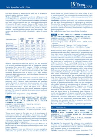 renal	 artery	 stenosis	 for	 whom	 reduced	 blood	 flow	 to	 the	 kidneys	   69%	of	fistulae	were	located	in	the	arm,	31	%	in	the	forearm.	In	40%	
ultimately leads to renal tissue damage.                                      of patients, procedure was completed with stenting.Immediat results
methods: BOLD MRI evaluation was performed in 24 patients with                were good. In 6 cases there was a resident moderate stenosis and in two
essential hypertension, 19 patients with moderate atheromatous renal          cases procedure failed.
artery stenosis (ARAS) and 14 patients with severe ARAS. Studies were         Conclusions: Angioplasty under duplex scan guidance is effectible and
done under baseline conditions and after intravenous administration           safe	 and	 rarely	 necessits	 adjunction	 of	 fluoroscopy	 to	 be	 performed.	
of furosemide (20 mg) to examine changes in R2* resulting from                This technic has many advantages: less irradiation for staff and patients,
suppression of oxygen consumption linked to medullary tubular solute          no toxicity of iodine. Duplex scan may be considered the key exam for
transport. For each kidney the hilum level was chosen for analysis,           preoperative evaluation, surveillance and treatment of complications of
including 3 individual segments (anterior, lateral and posterior). Each       arteriovenous	fistulae.
segment	 was	 defined	 by	 cortical	 and	 medullary	 region	 of	 interest	    Keywords:	Duplex	scan,	Arteriovenous	fistulae,	Angioplasty
(ROI).
results:                                                                        OC6-7     KLippeL-treNaUNay-Weber SyNdrOme aNd
                                                                              epitHeLiOid aNGiOSarCOma. a rare aSSOCiatiON
                                                                              J. PEREIRA ALBINO1, A. SIMAS2, C. MATOS3, G. SOBRINHO1,
                                                                              V. BROTAS2, N. MEIRELES1, G. CLARA3
                                                                              1 Vascular Surgery Service 2 H. Pulido Valente - CHLN, Lisbon,
                                                                                 Portugal
                                                                              2 Medicine 2 Service H. Capuchos - CHLC, Lisbon, Portugal
                                                                              3 Medicine 3 Service H. Pulido Valente - CHLN, Lisbon, Portugal

                                                                              Klippel-Trenaunay-Weber syndrome is a rare congenital disorder of the
                                                                              peripheral vascular system that is characterized by haemangiomas, soft
                                                                              tissue and/or osseous hypertrophy, venous and lymphatic anomalies, as
                                                                              well as arterio-venous malformations. Although this syndrome is rarely
                                                                              associated with tumors sometimes this association occurs. The authors
                                                                              describe the case of a 22 year old black male from Guiné-Bissau who
                                                                              had shown signs of complications of a Klipppel-Trenaunay-Weber
Moderate	 ARAS	 reduced	 blood	 flow	 and	 GFR,	 but	 was	 associated	        syndrome since the age of 14, including ulcerations an bleeding,
with preserved medullary and cortical R2* as compared to essential            He was referenced to our Hospital, and on arrival showed gigantic
hypertension.	 More	 severe	 ARAS	 (stenosis	 >90%)	 led	 to	 elevation	      hemihypertrophy of his right lower limb, with multiple variegated and
of cortical R2* values and changes after furosemide were smaller              grape-like	 red,	purple	 and	firm	subcutaneous	 nodules	in	 the	calf	 and	
for medullary ROIs. The ratio of cortical to medullary R2* after              thigh, pinpoint red macules, and multiple infected skin ulcers with
furosemide administration rose in severe ARAS. Many atrophic                  excessive bleeding. Laboratory tests revealed a ferropenic anemia.
poststenotic kidneys demonstrated patchy distribution of zones with           After several complementary examinations (MRI and AngioCT)
elevated medullary R2*.                                                       an arteriography was performed, that revealed multiple pelvic and
Conclusion: These results demonstrate substantial adaptation of               lower	 limb	 arteriovenous	 fistulae.	 Because	 of	 uncontrolled	 bleeding	
kidneys	 to	 decreased	 blood	 flow,	 kidney	 volume	 and	 GFR	 despite	      of the lower right limb, he was submitted to limb disarticulation with
progressive ARAS. However, tissue oxygenation and medullary                   controlled hypotension. The histopathologic examination of a nodule
function deteriorate in more severe stenosis, consistent with results         revealed	 an	 epihelioid	 angiosarcoma,	 which	 was	 also	 confirmed	 in	
observed after acute vascular occlusion in animal studies. Regional           other nodules. Although the patient improved, the pulmonary CT scan
tissue examination using 3 T BOLD MR appears to be a valuable                 revealed the existence of lung metastases. The patient was submitted
non-invasive tool to detect the limits of renal adaptation to reduced         to chemotherapy with thalidomide and doxorubicin. At the 12 month
perfusion. This test may be helpful to decide which patients need renal       follow-up the patient was doing well, and a PET scan revealed no
revascularization.                                                            more new lesions, except in the amputation stump. However, 32
Keywords: Renal artery stenosis, Kidney, Bold MRI                             months after the diagnosis, the patient came back to our department
                                                                              with	new	modular	lesions	and	more	av	fistulas	in	the	stump.	Tumoral	
  OC6-6     dUpLeX GUided aNGiOpLaSty OF arteriO-                             dissemination was detected and he died 42 months after the diagnosis
VeNOUS FiStULae FOr HemOdiaLySiS: retrOS-                                     (3 months after new chemotherapy treatment had begun). Our case
peCtiVe StUdy OF 45 patieNtS iN a FreNCH                                      illustrates a rare association and also an unexpected survival for a
UNiVeriStary HOSpitaL                                                         patient with an epithelioid angiosarcoma.
A. DESSI1, C. SEINTURIER1, O. PICHOT1, E. COCHET2,                            Keywords: Klippel-Trenaunay-Weber S., Epithelioid Angiosarcoma
P. H. CARPENTIER1, C. SESSA2
1 Vascular Medicine Department, CHU Grenoble, Grenoble, France                OC7 - Venous disorders
2 Vascular Surgery Departmeent, CHU Grenoble, Grenoble, France
                                                                               OC7-1      treatmeNt OF VeNOUS StaSiS ULCer,
Venous stenosis amount to the major part of the complication of               tHrOUGH CeLL tHerapy WitH KeratiNOCyte
arteriovenous	 fistulae	 for	 hémodialysis.	 Consequences	 are	 high	         aUtOGraFt iN patieNtS USerS OF miCrONiZed
venous	pressures,	bleeding	at	the	puncture	point	and	low	volume	flow.	        diOSmiN aNd HeSperidiN
Treatment of these complications are usually performed by angioplasty         A. GUILLAUMON1, C. BOSNARDO1, M. B. PUZZI1, J. RHEDER1
with	contrast	material	under	fluoroscopy.	This	procedure	may	also	be	         1 State University of Campinas, Campinas, Brazil
performed with duplex scan guidance.
design and method: we describe a retrospective serie of 45 cases of           introduction: The venous stasis ulcer is the most severe complication
patients treated by venous angioplasty guided by duplex scan and detail       of	 chronic	 venous	 insufficiency,	 affecting	 adults	 and	 keeping	 them	
technics and results.                                                         away from work and from normal social life. Objective: To demonstrate
results: 45 patients (mean age 68) received a venous angioplasty              a new therapeutic method for accelerating healing.
under	duplex	scan	guidance.	60	%	were	men	and	47%	were	diabetic.	             methods:	Twenty-five	(25)	patients	with	venous	stasis	ulcers,	CEAP	

                                                                                                                             www.iua-eurochap2010.eu ~   55
 