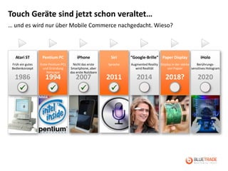 Touch Geräte sind jetzt schon veraltet…
… und es wird nur über Mobile Commerce nachgedacht. Wieso?



   Atari ST        Pentium PC             iPhone            Siri     “Google-Brille” Paper Display                 iHolo
 Früh ein gutes   Erste Pentium PCs     Nicht das erste    Sprache   Augmented Reality Display in der stärke    Berührungs-
 Bedienkonzept      und Gründung      Smartphone, aber                 wird Realität        von Papier       sensitives Hologram
                      Netscape        das erste Nutzbare
  1986               1994                2007              2011         2014               2018?                 2020
                                                         
 