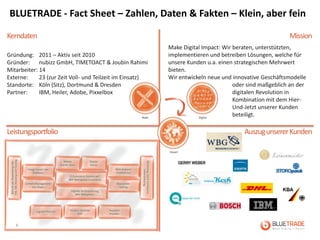 BLUETRADE - Fact Sheet – Zahlen, Daten & Fakten – Klein, aber fein

Kerndaten                                                                                               Mission
                                                           Make Digital Impact: Wir beraten, unterstützten,
Gründung: 2011 – Aktiv seit 2010                           implementieren und betreiben Lösungen, welche für
Gründer: nubizz GmbH, TIMETOACT & Joubin Rahimi            unsere Kunden u.a. einen strategischen Mehrwert
Mitarbeiter: 14                                            bieten.
Externe:     23 (zur Zeit Voll- und Teilzeit im Einsatz)   Wir entwickeln neue und innovative Geschäftsmodelle
Standorte: Köln (Sitz), Dortmund & Dresden                                          oder sind maßgeblich an der
Partner:     IBM, Heiler, Adobe, Pixxelbox                                          digitalen Revolution in
                                                                                    Kombination mit dem Hier-
                                                                                    Und-Jetzt unserer Kunden
                                                                                    beteiligt.

Leistungsportfolio                                                                     Auszug unserer Kunden




   6
 