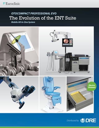 Combines all of the commonly used elements of an
outpatient setting with state-of-the art technology for
a new level of performance

OTOCompact Professional EVO

The Evolution of the ENT Suite
Mobile All-In-One System

Control the procedure chair via
the intuitive touch-screen

Suprema ENT-400

OTOCompact Professional EVO

»» Designed specifically for ENT procedures.
»» Comfortable for the operator and the patient.
»» Dual Control system allows users to set and recall
all chair movements via the touch-screen on the
Otocompact Professional Evo’s instrument panel.
»» Features a foot pedal (wireless option available).
»» Four powerful motors for precise positioning.

»» All-in-one ENT Workstation.
»» Modular construction and mobility replace built-in
cabinets and inefficiently designed work spaces.
»» Integrates digital, wireless, and touch-screen controls,
auto sensing drawers, UV disinfection storage, and LED
light sources into one attractive and easy-to-use unit.
»» Ergonomic and attractive with a sophisticated look.
»» Fits well in large and small spaces.
»» A truly complete office solution that is engineered to
significantly improve ENT workflow.

Technical Specifications
Power Supply Tension

230 Vac +/-10% 5 0/60Hz
115 Vac +/- 10% 50/60Hz

Fuses

F1=F2 = 8AT (16AT)

Technical Specifications

Maximum Power Absorbed

1500VA

Power Supply

110/120V or 220/240 V

Class IEC 60601-1

IB

Frequency

50/60Hz

Power Supply Cable

L=3mt

Absorbed Power (MAX configuration)

1500 VA

Motor Lifting Push

8000N

Weight

130 kg

Back Rest Motor Push

6000N

Maximum Number of Instruments

4

Trendelenburg Motor Push

8000N

Insufflator Capacity

26 l/min (Variance until 250 Kpa)

Unique Leg Rest Motor Push

2400N

Washing Syringe Capacity

350/400 cc/min (a 2 Bar)

Lifting Capacity

200 Kg

Nominal Suction

-86 KPa (-650 mmHg) 70 L/min

Weight

130 Kg

Fuse Power Supply

F1=F2=6, 3 AT

Lifting Range

350 mm

Fuse External Outlet

F3=4 AT

Trendelenburg Inclination

20° +/- 2°

Specifications subject to change without notice.

Electric
Drawers

Distributed by
1-800-477-2006 • dremed.com

Distributed by

 