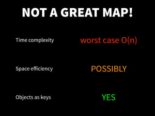 NOT A GREAT MAP!
Time complexity worst case O(n)
Space eﬀiciency POSSIBLY
Objects as keys YES
 