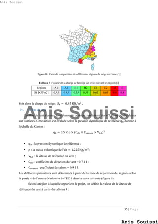 35 | P a g e
Figure 8 : Carte de la répartition des différentes régions de neige en France[3]
Tableau 7 : Valeur de la charge de la neige sur le sol suivant les régions[3]
Régions A1 A2 B1 B2 C1 C2 D E
Sk [KN/m2] 0.45 0.45 0.55 0.55 0.65 0.65 0.9 0.4
Soit alors la charge de neige : Sk = 0.45 KN/m2
.
iv. Effets du vent
L'action du vent s'exerce sous forme de pression, produisant des efforts perpendiculaires
aux surfaces. Cette action est évaluée selon la pression dynamique de référence qb donnée à
l'échelle du Canton :
qb = 0.5 × ρ × (Cdir × Cseason × Vb,0)2
 qb : la pression dynamique de référence ;
 ρ : la masse volumique de l'air = 1.225 Kg/m3
;
 Vb,0 : la vitesse de référence du vent ;
 Cdir : coefficient de direction du vent = 0.7 à 1 ;
 Cseason : coefficient de saison = 0.9 à 1.
Les différents paramètres sont déterminés à partir de la zone de répartition des régions selon
la partie 4 de l'annexe Nationale de l'EC 1 dans la carte suivante (figure 9).
Selon la région à laquelle appartient le projet, on définit la valeur de la vitesse de
référence du vent à partir du tableau 8 :
Anis Souissi
Anis Souissi
Anis Souissi
 
