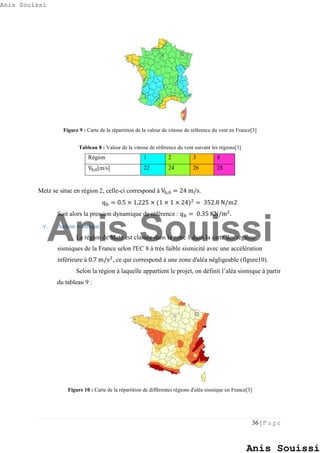 36 | P a g e
Figure 9 : Carte de la répartition de la valeur de vitesse de référence du vent en France[3]
Tableau 8 : Valeur de la vitesse de référence du vent suivant les régions[3]
Région 1 2 3 4
Vb,0[m/s] 22 24 26 28
Metz se situe en région 2, celle-ci correspond à Vb,0 = 24 m/s.
qb = 0.5 × 1.225 × (1 × 1 × 24)2
= 352.8 N/m2
Soit alors la pression dynamique de référence : qb = 0.35 KN/m2
.
v. Action sismique
La région de Metz est classée dans la zone 1 dans la carte des régions
sismiques de la France selon l'EC 8 à très faible sismicité avec une accélération
inférieure à 0.7 m/s2
, ce qui correspond à une zone d'aléa négligeable (figure10).
Selon la région à laquelle appartient le projet, on définit l’aléa sismique à partir
du tableau 9 :
Figure 10 : Carte de la répartition de différentes régions d'aléa sismique en France[3]
Anis Souissi
Anis Souissi
Anis Souissi
 