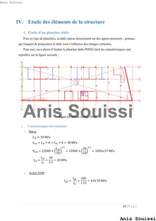 43 | P a g e
IV. Etude des éléments de la structure
1. Etude d’un plancher dalle
Pour ce type de planchers, la dalle repose directement sur des appuis ponctuels : poteaux
qui risquent de poinçonner la dalle sous l’influence des charges verticales.
Pour ceci, on a choisi d’étudier le plancher dalle PHSS2 dont les caractéristiques sont
reportées sur la figure suivante :
Figure 13 : Plan de coffrage PHSS2
i. Caractéristiques des matériaux
- Béton
fck = 30 MPa
fcm = fck + 8 = fck + 8 = 38 MPa
Ecm = 22000 × (
fcm
10
)
0.3
= 22000 × (
38
10
)
0.3
= 32836.57 MPa
fcd =
fck
γc
=
30
1.5
= 20 MPa
- Aciers S500
fyd =
fyk
γs
=
500
1.15
= 434.78 MPa
Anis Souissi
Anis Souissi
Anis Souissi
 