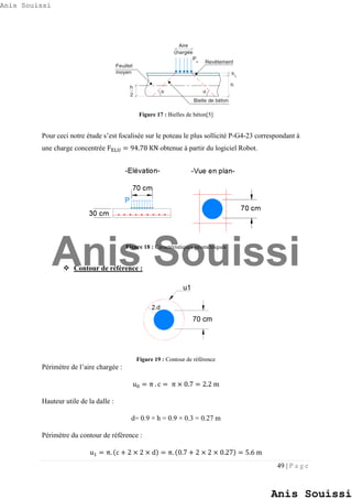 49 | P a g e
Figure 17 : Bielles de béton[5]
Pour ceci notre étude s’est focalisée sur le poteau le plus sollicité P-G4-23 correspondant à
une charge concentrée FELU = 94.78 KN obtenue à partir du logiciel Robot.
Figure 18 : Caractéristiques géométriques
 Contour de référence :
Figure 19 : Contour de référence
Périmètre de l’aire chargée :
u0 = π . c = π × 0.7 = 2.2 m
Hauteur utile de la dalle :
d= 0.9 × h = 0.9 × 0.3 = 0.27 m
Périmètre du contour de référence :
u1 = π. (c + 2 × 2 × d) = π. (0.7 + 2 × 2 × 0.27) = 5.6 m
Anis Souissi
Anis Souissi
Anis Souissi
 