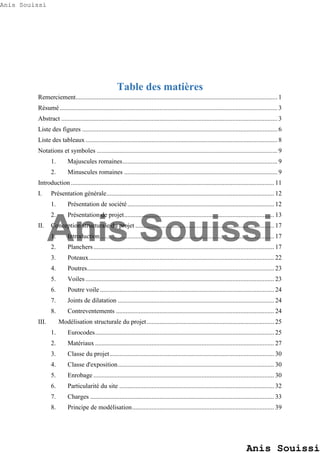 Table des matières
Remerciement............................................................................................................................. 1
Résumé....................................................................................................................................... 3
Abstract ...................................................................................................................................... 3
Liste des figures ......................................................................................................................... 6
Liste des tableaux....................................................................................................................... 8
Notations et symboles ................................................................................................................ 9
1. Majuscules romaines................................................................................................ 9
2. Minuscules romaines ............................................................................................... 9
Introduction .............................................................................................................................. 11
I. Présentation générale........................................................................................................ 12
1. Présentation de société........................................................................................... 12
2. Présentation de projet............................................................................................. 13
II. Conception structurale du projet ...................................................................................... 17
1. Introduction............................................................................................................ 17
2. Planchers................................................................................................................ 17
3. Poteaux................................................................................................................... 22
4. Poutres.................................................................................................................... 23
5. Voiles ..................................................................................................................... 23
6. Poutre voile ............................................................................................................ 24
7. Joints de dilatation ................................................................................................. 24
8. Contreventements .................................................................................................. 24
III. Modélisation structurale du projet............................................................................... 25
1. Eurocodes............................................................................................................... 25
2. Matériaux ............................................................................................................... 27
3. Classe du projet...................................................................................................... 30
4. Classe d'exposition................................................................................................. 30
5. Enrobage ................................................................................................................ 30
6. Particularité du site ................................................................................................ 32
7. Charges .................................................................................................................. 33
8. Principe de modélisation........................................................................................ 39
Anis Souissi
Anis Souissi
Anis Souissi
 
