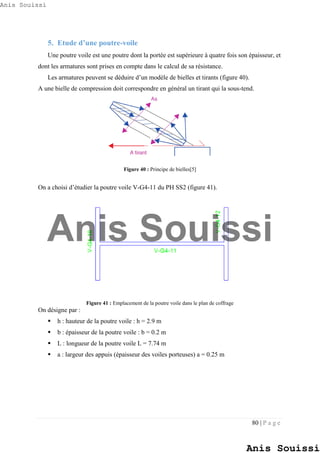 80 | P a g e
5. Etude d’une poutre-voile
Une poutre voile est une poutre dont la portée est supérieure à quatre fois son épaisseur, et
dont les armatures sont prises en compte dans le calcul de sa résistance.
Les armatures peuvent se déduire d’un modèle de bielles et tirants (figure 40).
A une bielle de compression doit correspondre en général un tirant qui la sous-tend.
Figure 40 : Principe de bielles[5]
On a choisi d’étudier la poutre voile V-G4-11 du PH SS2 (figure 41).
Figure 41 : Emplacement de la poutre voile dans le plan de coffrage
On désigne par :
 h : hauteur de la poutre voile : h = 2.9 m
 b : épaisseur de la poutre voile : b = 0.2 m
 L : longueur de la poutre voile L = 7.74 m
 a : largeur des appuis (épaisseur des voiles porteuses) a = 0.25 m
Anis Souissi
Anis Souissi
Anis Souissi
 