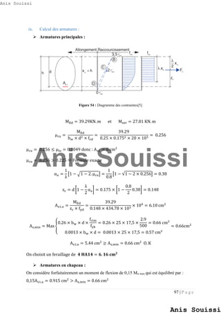 97 | P a g e
ix. Calcul des armatures :
 Armatures principales :
Figure 54 : Diagramme des contraintes[5]
MEd = 39.29KN. m et Mser = 27.81 KN. m
μcu =
MEd
bw × d2 × fcd
=
39.29
0.25 × 0.1752 × 20 × 103
= 0.256
μcu = 0.256 ≤ μlu = 0.3049 donc : As2 = 0 cm2
μcu = 0.256 > 0.225  Formule exacte
αu =
1
λ
[1 − √1 − 2. μcu] =
1
0.8
[1 − √1 − 2 × 0.256] = 0.38
zc = d [1 −
λ
2
αu] = 0.175 × [1 −
0.8
2
0.38] = 0.148
As1,u =
MEd
zc × fyd
=
39.29
0.148 × 434.78 × 103
× 104
= 6.10 cm2
As,min = Max {
0.26 × bw × d ×
fctm
fyk
= 0.26 × 25 × 17,5 ×
2.9
500
= 0.66 cm2
0.0013 × bw × d = 0.0013 × 25 × 17,5 = 0.57 cm2
= 0.66cm2
As1,u = 5.44 cm2
≥ As,min = 0.66 cm2
O. K
On choisit un feraillage de 𝟒 𝐇𝐀𝟏𝟒 = 𝟔. 𝟏𝟔 𝐜𝐦 𝟐
 Armatures en chapeau :
On considère forfaitairement un moment de flexion de 0,15 Mu max qui est équilibré par :
0,15As1,u = 0.915 cm2
> As,min = 0.66 cm2
Anis Souissi
Anis Souissi
Anis Souissi
 