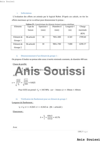 110 | P a g e
i. Sollicitations
L’évaluation des efforts est estimée par le logiciel Robot. D’après ces calculs, on tire les
efforts maximaux qu’on va utiliser pour dimensionner le poteau :
Tableau 29 : Caractéristique des éléments formant le poteau métallique
Eléments Type de
liaison
Epaisseur t
(mm)
Diamètre d
(mm)
Longueur l
(m)
Charge
maximale
(KN)
Elément de
Groupe 1
Bi-articulé 30 700 à 400 8.365 2709.60
Elément de
Groupe 2
Bi-articulé 30 900 à 700 7.000 6298.37
ii. Dimensionnement d’un élément du groupe 1 :
On propose d’étudier un poteau tube creux à inertie minimale constante, de diamètre 400 mm
Classe de profilé
d
t
=
400
30
= 13.33 ≤ 50 × 2
= 50 × 0.8252
= 35.03 → Classe 1
Avec
ε = √
235
fy
= √
235
345
= 0.825
Pour S355 on prend ∶ fy = 345 MPa car ∶ 16mm ≤ t = 30mm < 40𝑚𝑚
iii. Vérification du flambement pour un élément du groupe 1
Longueur de flambement :
lf = l0 × 1 = 8.365 × 1 = 8.365 m (Bi − articulé )
Elancement :
λ =
lf
i
=
836.5
13.12
= 63.76
Avec
Anis Souissi
Anis Souissi
Anis Souissi
 