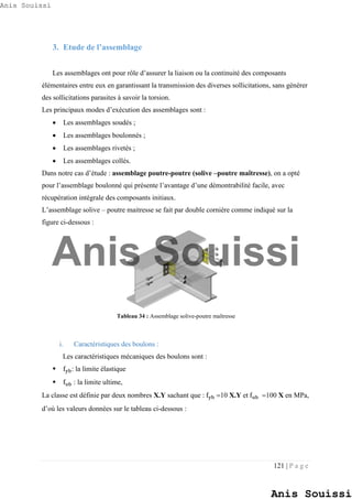 121 | P a g e
3. Etude de l’assemblage
Les assemblages ont pour rôle d’assurer la liaison ou la continuité des composants
élémentaires entre eux en garantissant la transmission des diverses sollicitations, sans générer
des sollicitations parasites à savoir la torsion.
Les principaux modes d’exécution des assemblages sont :
 Les assemblages soudés ;
 Les assemblages boulonnés ;
 Les assemblages rivetés ;
 Les assemblages collés.
Dans notre cas d’étude : assemblage poutre-poutre (solive –poutre maîtresse), on a opté
pour l’assemblage boulonné qui présente l’avantage d’une démontrabilité facile, avec
récupération intégrale des composants initiaux.
L’assemblage solive – poutre maitresse se fait par double cornière comme indiqué sur la
figure ci-dessous :
Tableau 34 : Assemblage solive-poutre maîtresse
i. Caractéristiques des boulons :
Les caractéristiques mécaniques des boulons sont :
 fyb: la limite élastique
 fub : la limite ultime,
La classe est définie par deux nombres X.Y sachant que : fyb 10 X.Y et fub 100 X en MPa,
d’où les valeurs données sur le tableau ci-dessous :
Anis Souissi
Anis Souissi
Anis Souissi
 