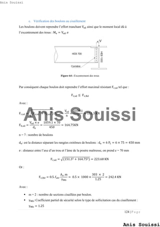 124 | P a g e
c. Vérification des boulons au cisaillement
Les boulons doivent reprendre l’effort tranchant Vsd ainsi que le moment local dû à
l’excentrement des trous : Me = Vsd. e
Figure 64 : Excentrement des trous
Par conséquent chaque boulon doit reprendre l’effort maximal résistant Fr,sd tel que :
Fr,sd ≤ Fv,Rd
Avec :
Fr,sd = √(Fv,sd
2
+ Fh,sd
2
) Fv,sd =
Vsd
n
=
1059.1
7
= 151.3 KN
Fh,sd =
Vsd × e
de
=
1059.1 × 70
450
= 164.75KN
n = 7 : nombre de boulons
de: est la distance séparant les rangées extrêmes de boulons : de = 6 P1 = 6 × 75 = 450 mm
e : distance entre l’axe d’un trou et l’âme de la poutre maîtresse, on prend e = 70 mm
Fr,sd = √(151.32 + 164.752) = 223.68 KN
Or :
Fv,Rd = 0.5. fub.
As. m
γMb
= 0.5 × 1000 ×
303 × 2
1.25
= 242.4 KN
Avec :
 m = 2 : nombre de sections cisaillées par boulon.
 γMb: Coefficient partiel de sécurité selon le type de sollicitation cas du cisaillement :
γMb = 1.25
Anis Souissi
Anis Souissi
Anis Souissi
 