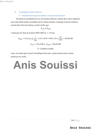 126 | P a g e
iii. Assemblage cornière maîtresse
 Vérification de la poutre maîtresse à la pression diamétrale
On prend en considération le cas où la poutre maîtresse contient deux solives opposées
(cas le plus défavorable), assemblées par les mêmes boulons, et puisque la poutre maîtresse
contient deux files des boulons, on doit vérifier que :
Fv,sd ≤ Fb,Rd
L’épaisseur de l’âme de la poutre HEB 1000 est : t =19 mm
Fb,Rd = 2.5. α. fu. d0.
t
γMb
= 2.5 × 0.79 × 450 × 24 ×
19
1.25
= 324.22 KN
Fv,sd = 151.3 KN ≤ Fb,Rd = 324.22 KN
 Condition vérifiée
Ainsi, on conclut que le type d’assemblage choisi pour : poutre-poutre (solive–poutre
maîtresse) est vérifié.
Anis Souissi
Anis Souissi
Anis Souissi
 
