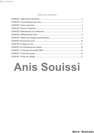Table des matières
ANNEXE 1 Spécification des bétons......................................................................................... 2
ANNEXE 2 Caractéristiques des aciers..................................................................................... 3
ANNEXE 3 Classe structurale ................................................................................................... 4
ANNEXE 4 Classe d’exposition................................................................................................ 5
ANNEXE 5 Détermination du coefficient k .............................................................................. 7
ANNEXE 6 Méthode bielle-tirant.............................................................................................. 8
ANNEXE 7 Détails des sondages pressiométrique.................................................................... 9
ANNEXE 8 Poussée des terres ................................................................................................ 10
ANNEXE 9 Charges du vent ................................................................................................... 11
ANNEXE 10 Combinaisons des charges................................................................................. 12
ANNEXE 11 Catalogue des profilés HEB............................................................................... 15
ANNEXE 12 Plans des charges ............................................................................................... 16
ANNEXE 13 Plans de coffrage................................................................................................ 17
Anis Souissi
Anis Souissi
Anis Souissi
 