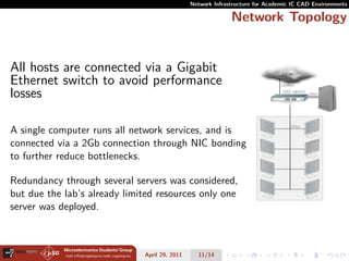Network Infrastructure for Academic IC CAD Environments

                                                             Network Topology


All hosts are connected via a Gigabit
Ethernet switch to avoid performance
losses

A single computer runs all network services, and is
connected via a 2Gb connection through NIC bonding
to further reduce bottlenecks.

Redundancy through several servers was considered,
but due the lab’s already limited resources only one
server was deployed.



                              April 29, 2011     11/14
 