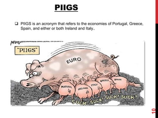 PIIGS
 PIIGS is an acronym that refers to the economies of Portugal, Greece,
Spain, and either or both Ireland and Italy..
10
 