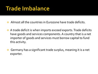  Almost all the countries in Eurozone have trade deficits.
 A trade deficit is when imports exceed exports.Trade deficits
have goods and services components.A country that is a net
importer of goods and services must borrow capital to fund
this activity.
 Germany has a significant trade surplus, meaning it is a net
exporter.
 