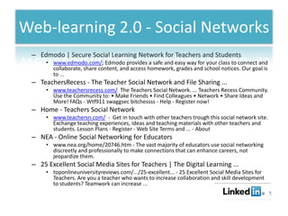 Web-learning 2.0 - Social Networks
 – Edmodo | Secure Social Learning Network for Teachers and Students
      • www.edmodo.com/; Edmodo provides a safe and easy way for your class to connect and
        collaborate, share content, and access homework, grades and school notices. Our goal is
        to ...
 – TeachersRecess - The Teacher Social Network and File Sharing ...
      • www.teachersrecess.com/ The Teachers Social Network. ... Teachers Recess Community.
        Use the Community to: • Make Friends • Find Colleagues • Network • Share Ideas and
        More! FAQs - Wtf911 swaggsec bitchessss - Help - Register now!
 – Home - Teachers Social Network
      • www.teachersn.com/ - Get in touch with other teachers trough this social network site.
        Exchange teaching experiences, ideas and teaching materials with other teachers and
        students. Lesson Plans - Register - Web Site Terms and ... - About
 – NEA - Online Social Networking for Educators
      • www.nea.org/home/20746.htm - The vast majority of educators use social networking
        discreetly and professionally to make connections that can enhance careers, not
        jeopardize them.
 – 25 Excellent Social Media Sites for Teachers | The Digital Learning ...
      • toponlineuniversityreviews.com/.../25-excellent... - 25 Excellent Social Media Sites for
        Teachers. Are you a teacher who wants to increase collaboration and skill development
        to students? Teamwork can increase ...
 