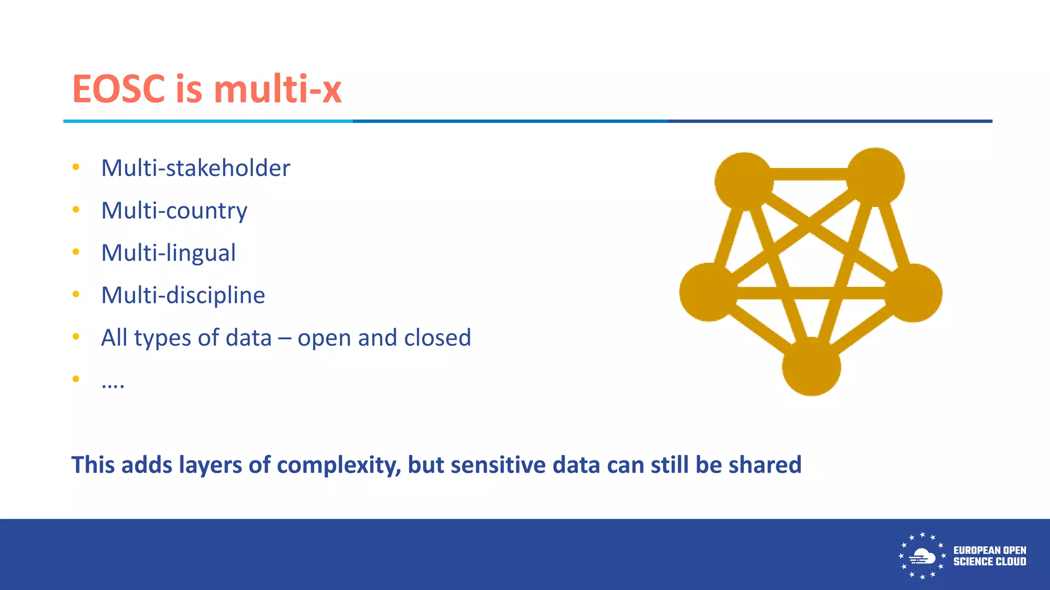 EOSC is multi-x
• Multi-stakeholder
• Multi-country
• Multi-lingual
• Multi-discipline
• All types of data – open and closed
• ….
This adds layers of complexity, but sensitive data can still be shared