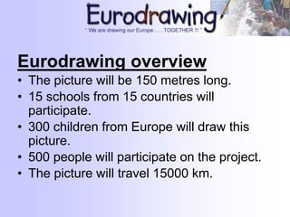 Eurodrawing overview
• The picture will be 150 metres long.
• 15 schools from 15 countries will
participate.
• 300 children from Europe will draw this
picture.
• 500 people will participate on the project.
• The picture will travel 15000 km.
 