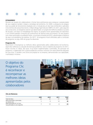 eStAGIÁRIoS
Renovar seu quadro de colaboradores e formar bons profissionais para assegurar a perpetuidade
de seus negócios também integra a estratégia da Eurofarma. Em 2009, o programa de estágios
teve sua grade de treinamentos ampliada com a inclusão de um dos mais conhecidos e aplicados
instrumentos de autoconhecimento, o Myers-Briggs Type Indicator (MBTI). Em 2011, pelo segundo
ano consecutivo, os estagiários tiveram que desenvolver um projeto de melhoria voltado à sua área
de atuação, com base na metodologia Seis Sigma. Os projetos foram apresentados em dezembro
a um comitê avaliador composto por profissionais de diversas áreas da empresa. Os três projetos
com maior pontuação na avaliação foram, no primeiro trimestre de 2012, apresentados à diretoria
da área e ao presidente da empresa. Em 2011, 18 estagiários foram efetivados após a conclusão
do programa, ou seja, 44% do grupo foi absorvido.

Programa Clic
Reconhecer e recompensar as melhores ideias apresentadas pelos colaboradores da Eurofarma,
sejam elas melhorias ou soluções de eventuais problemas: esse é o objetivo do programa. Em 2011,
foram inscritas 51 ideias, das quais 14 já foram implementadas e premiadas. Ao participar do
programa, o colaborador tem a oportunidade de contribuir inclusive com áreas diferentes daquelas
em que atua. É também uma forma de projetar-se na empresa, demonstrando sua capacidade,
criatividade e iniciativa.




O objetivo do
Programa Clic
é reconhecer e
recompensar as
melhores ideias
apresentadas pelos
colaboradores                                                                                            Colaboradores da sede
                                                                                                    administrativa (Campo Belo)




Clic em Números

                                                   2009         2010          2011         total
Total de ideias                                      20           32            51          131
Ideias aprovadas e premiadas
                                                      2            4            14            36
no mesmo ano
Ideias aprovadas em um ano,
                                                      7           12             4            23
mas premiadas no ano seguinte




102
 