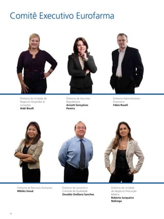 Comitê Executivo Eurofarma




       Diretoria da Unidade de          Diretoria de Assuntos    Diretoria Administrativo-
       Negócios Hospitalar &            Regulatórios             Financeira
       Licitações                       Annett Gonçalves         fábio Rosell
       Aidê Bisulli                     Pereira




     Diretoria de Recursos Humanos   Diretoria de Garantia e    Diretoria da Unidade
     mikiko Inouê                    Controle de Qualidade      de Negócios Prescrição
                                     osvaldo orellana Sanches   Médica
                                                                Roberta Junqueira
                                                                Nóbrega



14
 